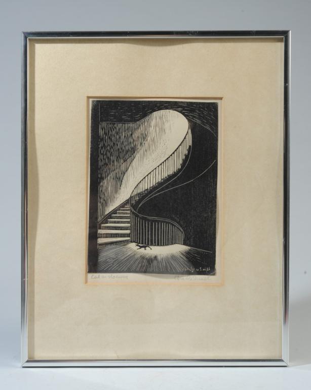Charles William Smith Woodcut: "Cat on Stairway" by Charles W. Smith, (1893-1987,) titled and signed in pencil in lower margin. Frame, approx. 15 1/4" x 12 1/4". Sight, approx. 8" x 5 3/4". Born in Augusta County, Virginia, Smith s