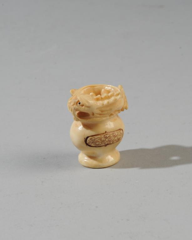 Signed Netsuke, Dragon On Alms Bowl: Approx. 1 1/4" H.