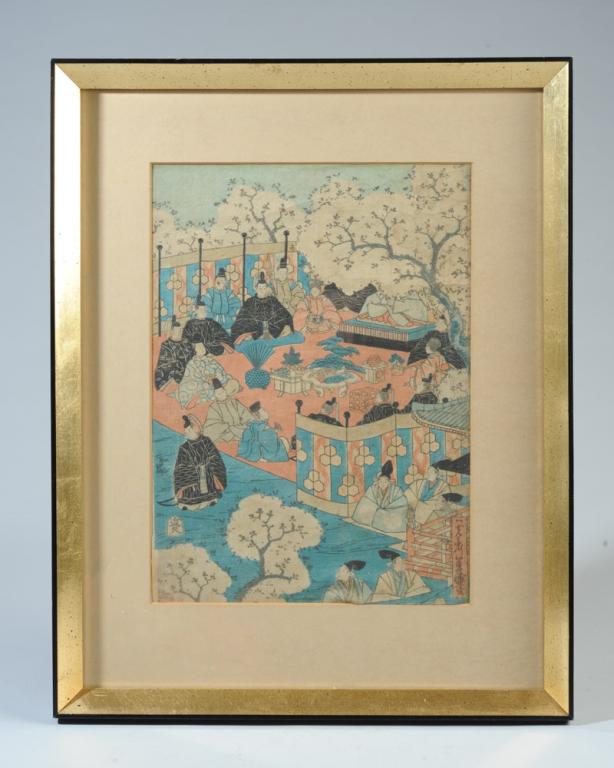 Japanese Woodblock Print: Likely Edo period, with publishers seal of Omiya Kyujiro lower left. Censor's seal lower left, cut in half when print was trimmed. Signature and / or title lower right. Artist not identified. Not exam