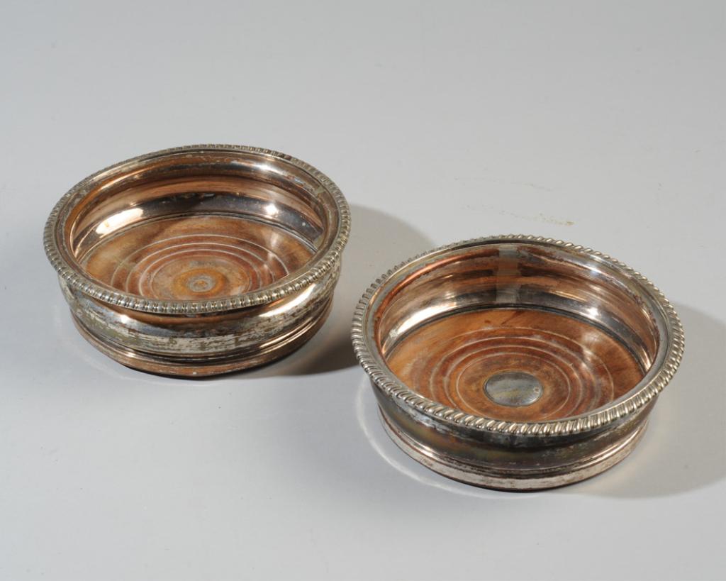 Two Antique Silver over Copper Wine Coasters: No visible maker's marks.Dia: approx. 6"