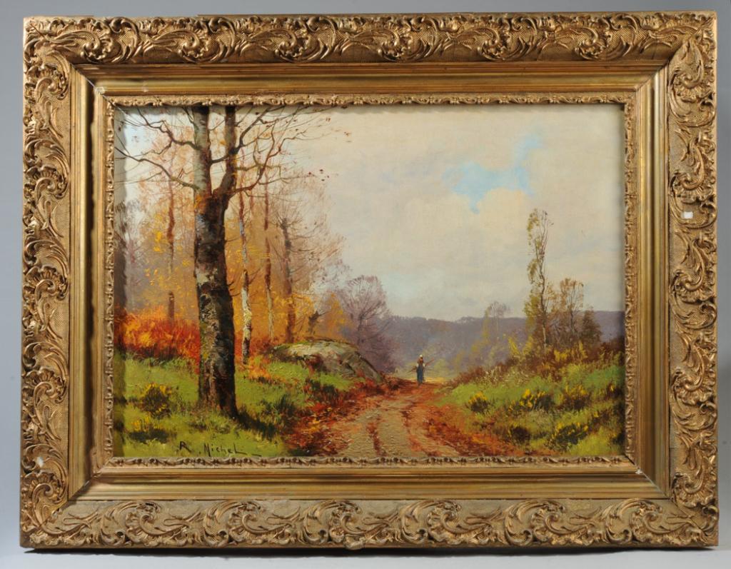R. Michel, 19th C. Oil on Canvas: Continental 19th C. oil on canvas landscape with figure, signed lower right: R. Michel. Period gilt gesso frame. Frame, approx. 28" x 21 1/2". Sight, approx. 21" x 14".