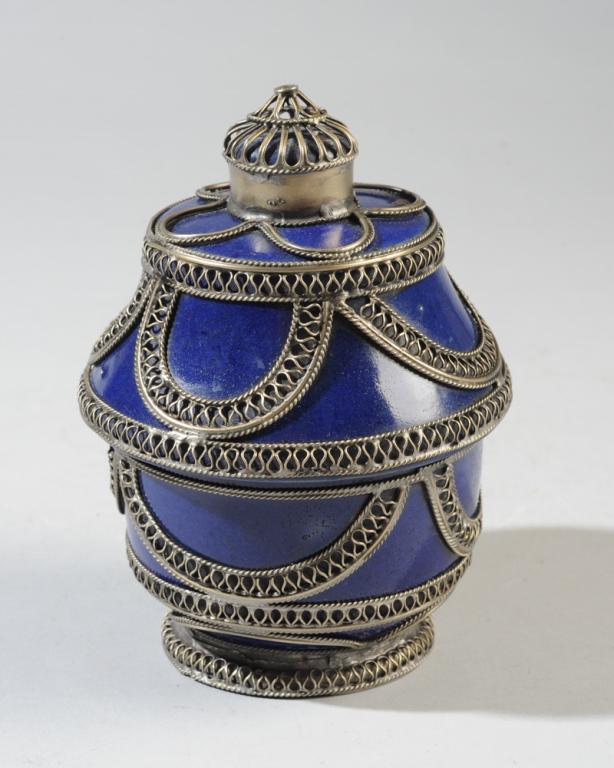 Moroccan Metal Filigree Pottery Butter Jar & Cover (1 of 4)