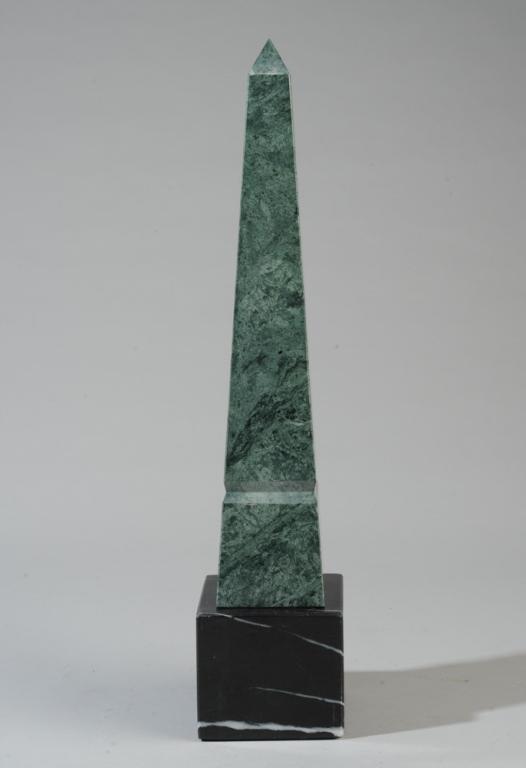 Green Marble Obelisk with Black Marble Stand: Small chip to stand.Obelisk H: approx. 15 3/4".