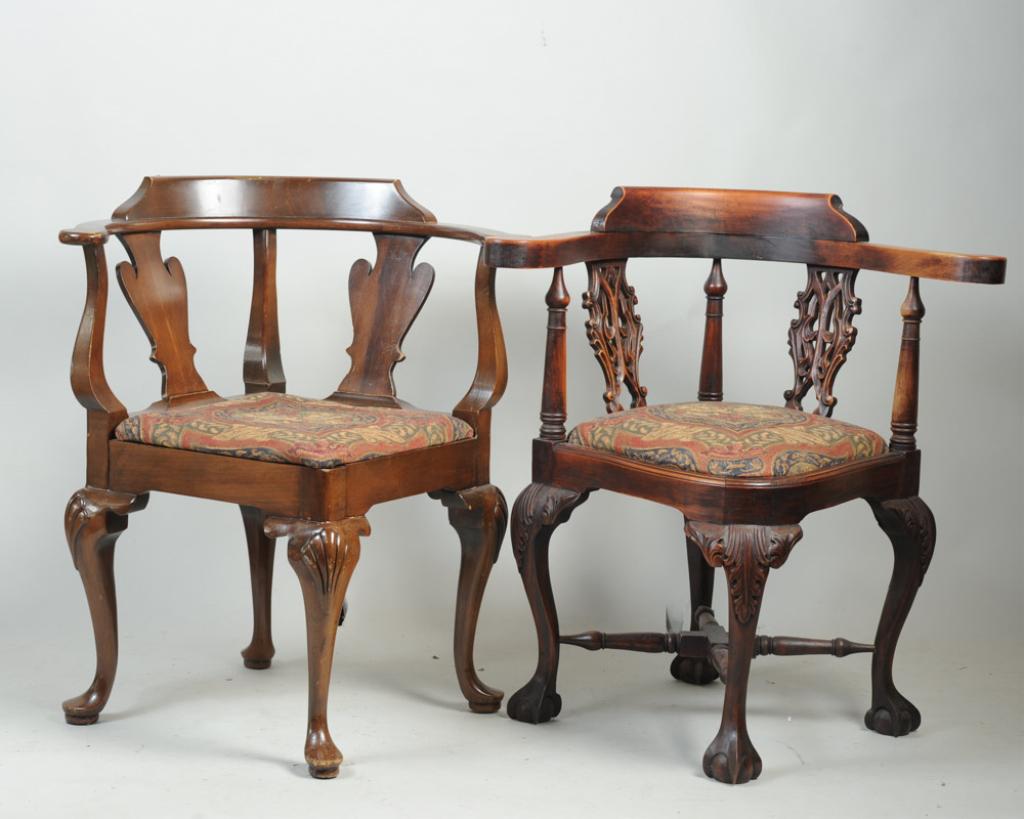 Two Reproduction Corner Chairs: One Queen Anne style, the other Chippendale style, with identical upholstery, some wear to finish.Tallest H: approx. 32".