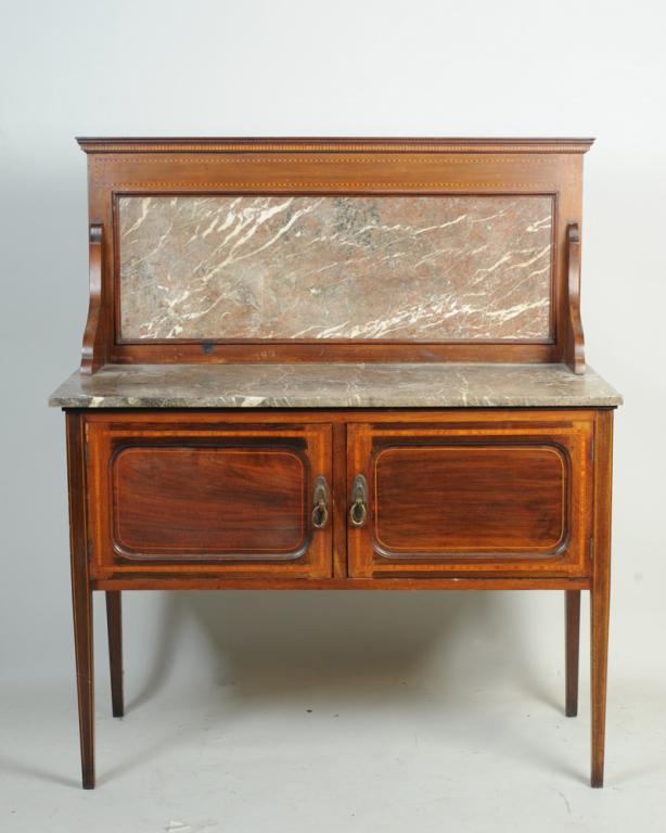 Marble Top Inlaid Washstand: In two pieces, with marble top and backsplash, decorative inlay, two doors with brass pulls, square tapered legs.H: approx. 49".W: approx. 42".D: approx. 19".