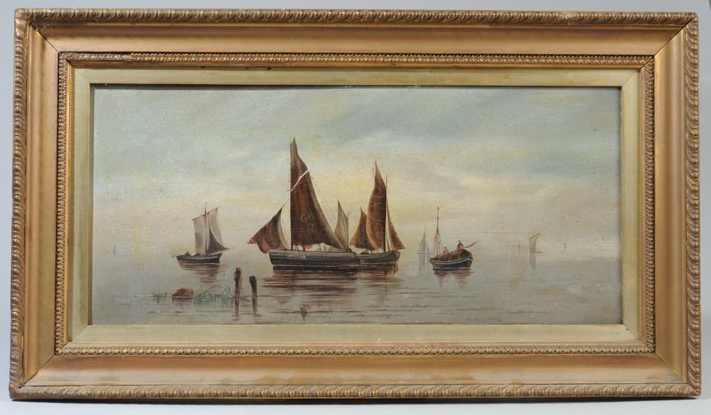 19th C. Marine Painting: Oil on artists board showing sailboats on calm water beneath a misty sky. No signature found, unless the initials G.M. on the largest sail are the artist's monogram. In gilt gesso frame. Frame, approx