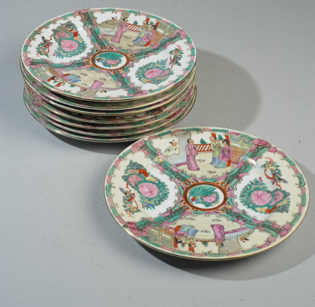 Set of 8 Vintage Chinese Rose Medallion Plates: Heavily potted, with scenes of Mandarins interspersed with panels of birds and flowers. Four character red stamped mark of Yue Dong Qi Chang, ( East Guangdong Porcelain Factory,) founded in 1923. No c
