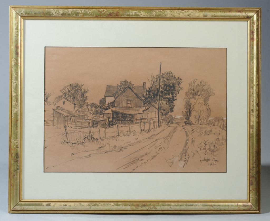 Leslie Cope (1913-2003): Graphite on paper by Leslie Cope, showing a country road with farm house and out buildings. Signed lower right and dated 1968. Verso with article about the artist and notation from owner that the draw