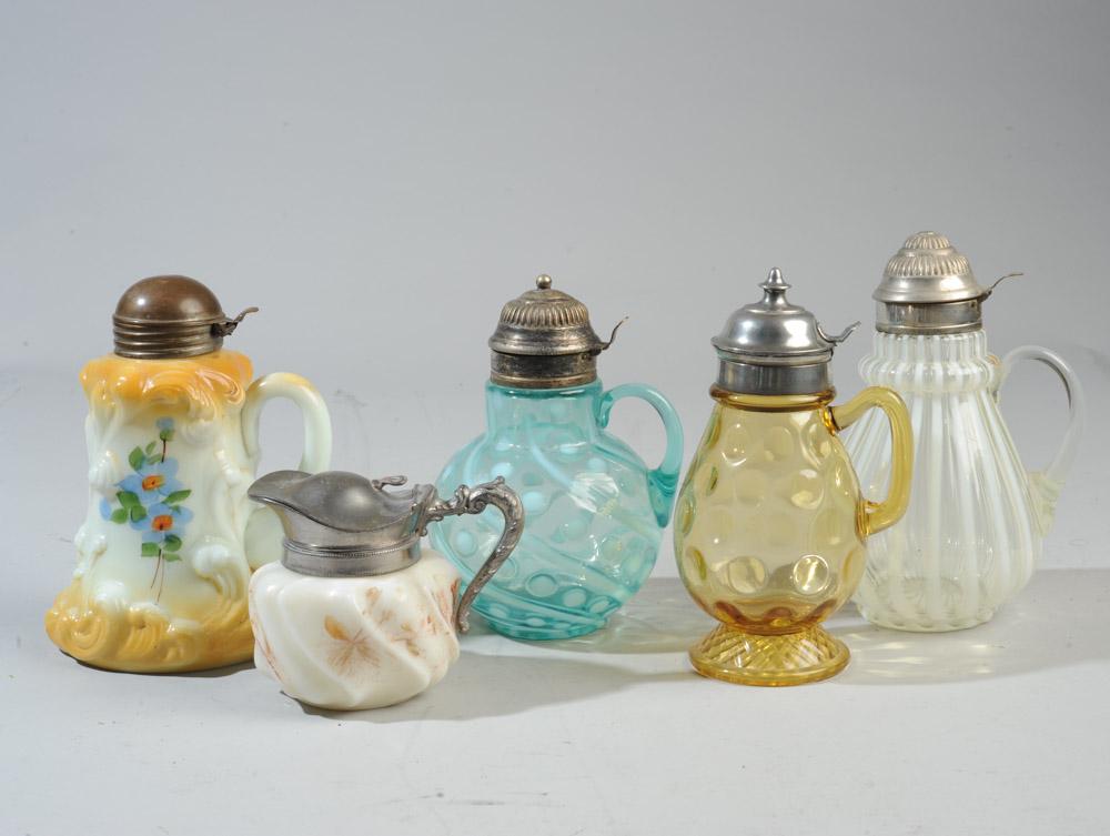 Five Antique Art Glass Syrup Pitchers (1 of 10)