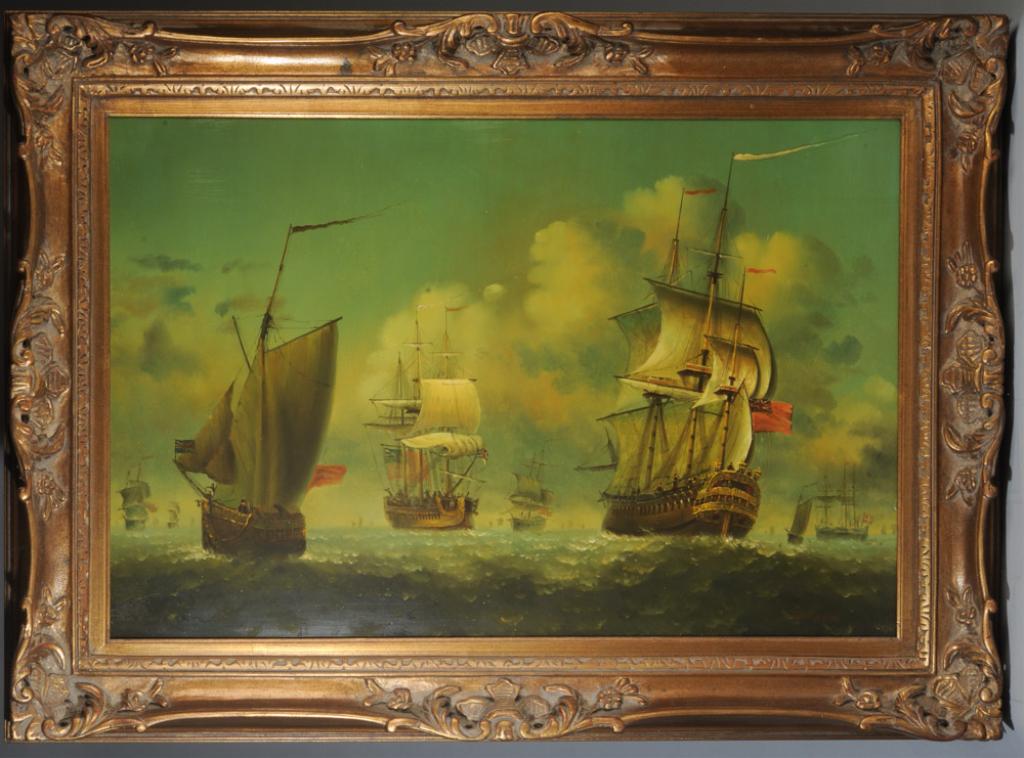 Large Marine Painting Oil on Canvas Signed: Signed "Simmons" lower right. British galleon ships on choppy seas under a blue sky with many scudding clouds. In gilt gesso frame. Frame, approx. 44" x 32 1/2". Sight approx. 35" x 23".