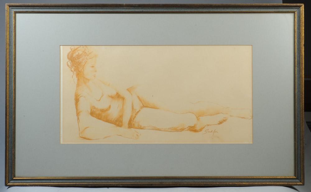 Pastel on Paper Female Reclining Nude: Signed Sandford, matted and framed.Visible image: approx. 11" x 21 1/2".Frame: approx. 20 3/4" x 33 3/4".