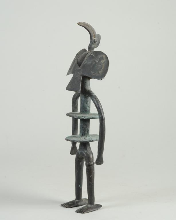 Bobo Bwa Bronze Figure, Burkina Faso: Figure with large hornbill form mask. Bronze with deep, blackish patina. Approx. 14" H. Provenance: Estate of Thomas McNemar, (1931-2020.) McNemar lived and collected throughout Central and West Afric