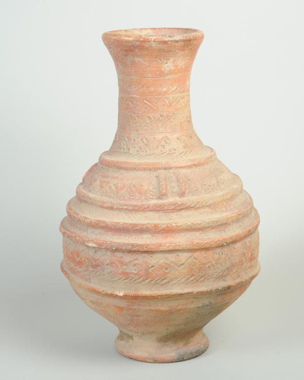 Somono Terracotta Vessel, Mali: Somono/ Bozo water vessel, with raised bands and impressed and incised decoration in the pale orange clay. Approx. 19 3/4" H. Provenance: Estate of Thomas McNemar, (1931-2020.) McNemar lived and colle