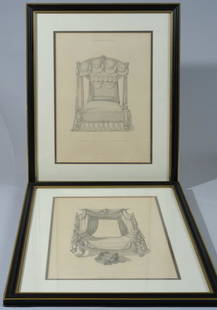 Framed Pair Thomas Sheraton Prints: Beds: From Thomas Sheraton's The Cabinet Maker & Upholsters Drawing Book, two framed images: 'A Plain Design for a Bed', printed below: "Sheraton del., Published May 21, 1804, by T. Sheraton" and 'A