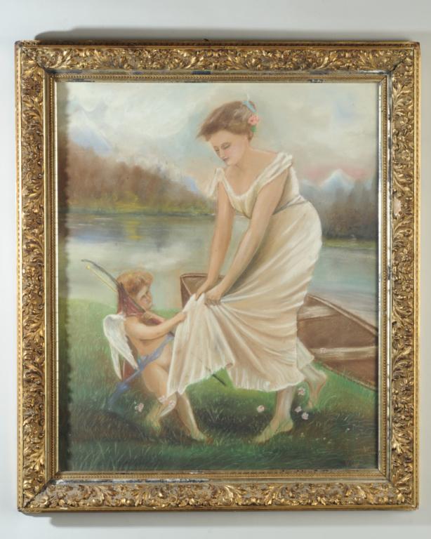 1911 Large Framed Pastel on Paper, Illeg. Signed (1 of 4)