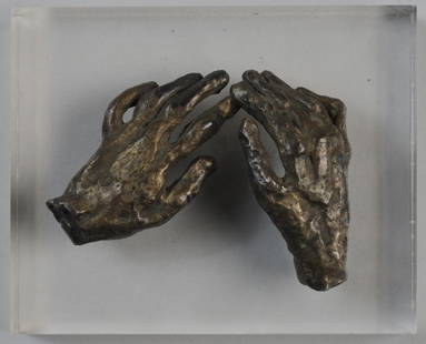 Sir Jacob Epstein (1880 - 1959) Diminutive Bronze: Lady Epstein's hands in bronze by Sir Jacob Epstein (US & UK, 1880 - 1959), mounted to lucite, no visible signature.Each hand: approx. 3" x 1 3/4".Lucite base: approx. 5 1/2" x 4 1/2" x 1/2".