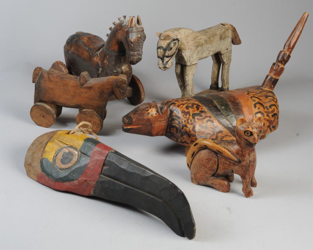 Lot Folk Art Carved Wood Animals, Mask (1 of 12)