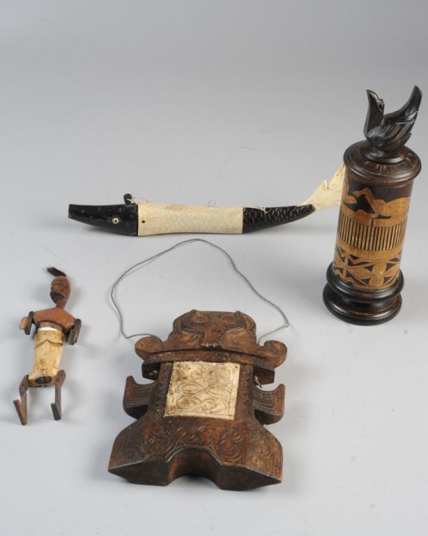 Indonesian / Ethnographic Carved Wood & Bone Items: To include: a carved buffalo horn and bone fish-shaped container, possibly a needle case, from Lombok Island, Indonesia; a carved wood with bone inlay tobacco box sirih box, Toraja tribe, Sulawesi, In