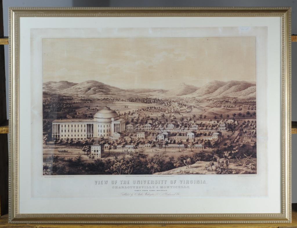 After Edward Sachse View of University of Virginia: "View of the University of Virginia, Charlottesville & Monticello Taken from Lewis Mountain", age unknown, framed, some foxing and discoloration / in as-found condition.Visible image: approx. 35 3/4" 