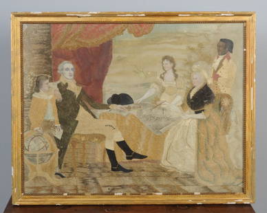 Needlework & Watercolor Picture George Washington: Late 18th - early 19th C. needlework and watercolor on silk picture of George Washington with his family and a servant, after the c.1790 painting by Edward Savage (1761-1817.) Faces, arms and hands as