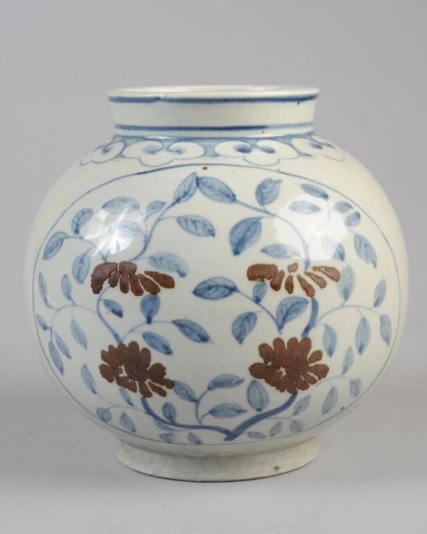 Korean Blue & White & Iron Red Vase: With floral motif.H: approx. 8 1/2".