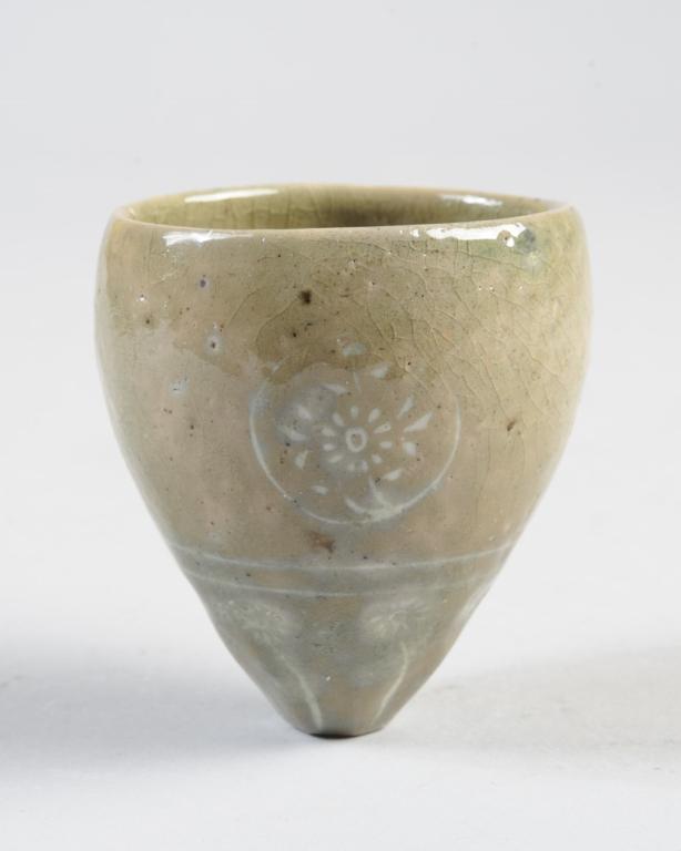 Korean Goryeo Celadon Inlaid Wine Cup: In Japanese wooden box.H: approx. 3".