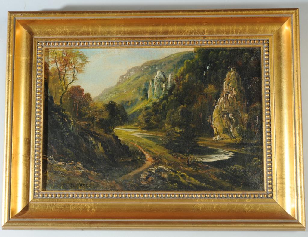 George Willis-Pryce (1866 - 1949, United Kingdom): Small landscape showing Sparrow Rock at Dovedale in the English Peak District by George Willis Pryce, Royal Scottish Academy. Signed lower left: G. W. Pryce. Original label to verso with artist's name