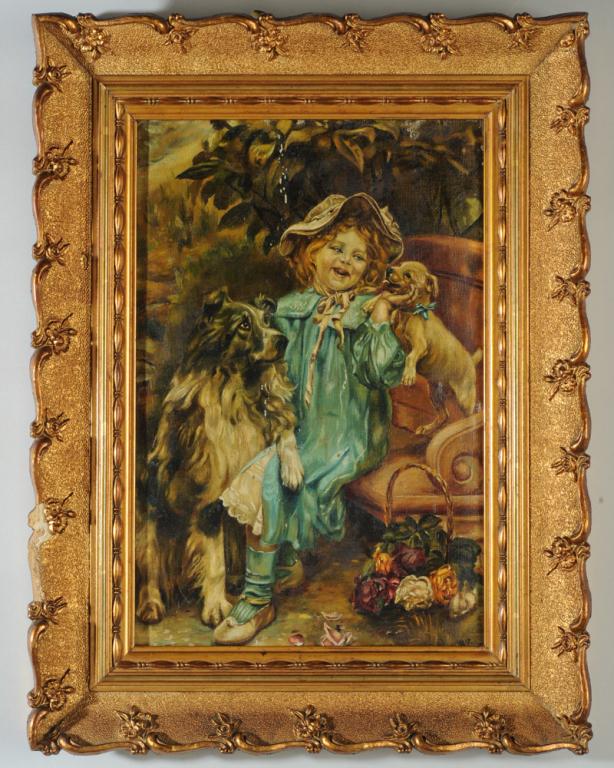 19th C. Oil Painting Child with Dogs (1 of 5)