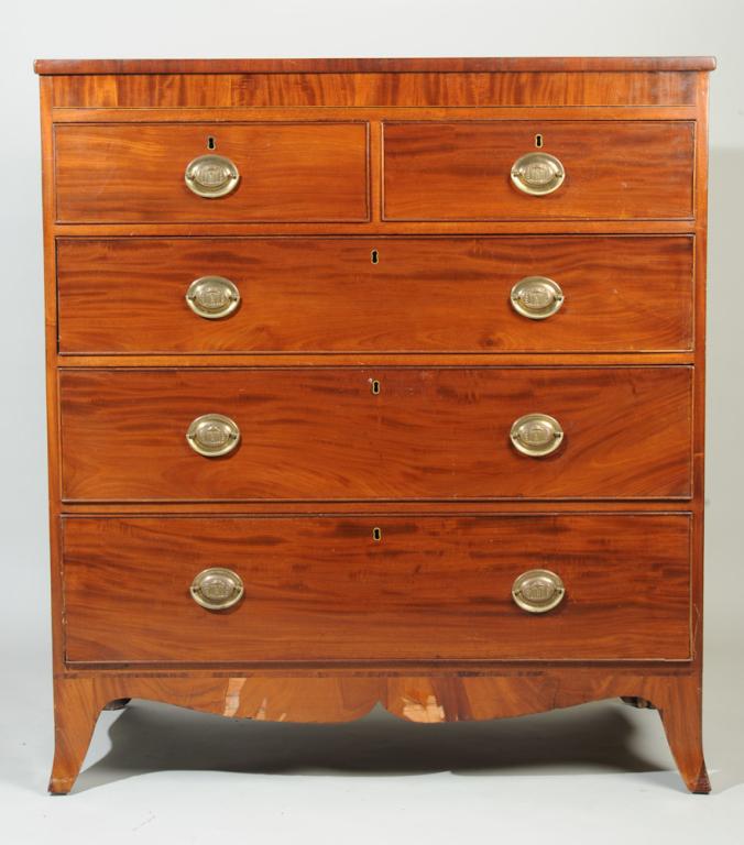 19th C. Scottish Inlaid Chest of Drawers: Circa 1810 - 1820, mahogany primary and red pine secondary, two short cockbeaded dovetailed drawers with brass pulls over three long drawers, shaped skirt, some water damage to drawer interiors, damag