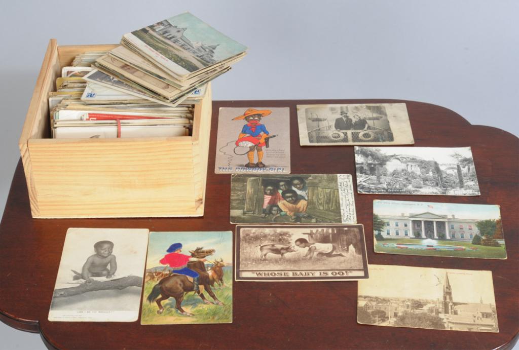 Mixed Grouping Antique and Vintage Postcards: Eclectic grouping includes African Americana, advertisements, RPPCs, some Virginia-related, some foreign, holiday cards, early 1900s pre-nazi swastikas, etc. Some with corners cut out / all in as-foun