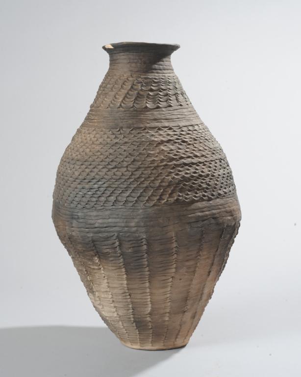 Joel Hoyer Ceramic Jar: Finely potted jar with overall texture, signed to base with the mark of Joel Hoyer, a San Francisco artist who was formerly art restorer at the White House. Chip to rim. Approx. 15" H. Provenance: Est