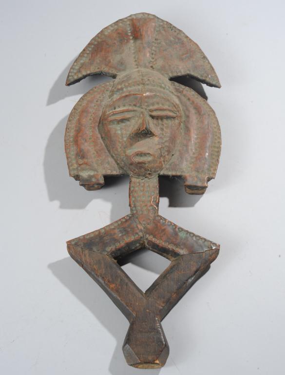 Kota Reliquary Figure, Gabon: Copper clad Kota Mbutu Ngulu reliquary guardian figure, approx. 21 3/4" H. Provenance: Estate of Thomas McNemar, (1931-2020.) McNemar lived and collected throughout Central and West Africa in the 1960