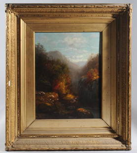 19th C. Oil on Canvas Landscape: Possibly by Hudson River School painter John Williamson (Scotland, New York, 1824-1886.) Landscape with autumn colors, misty purple mountains in the distance. Signed lower left: "W". Period gilt gesso
