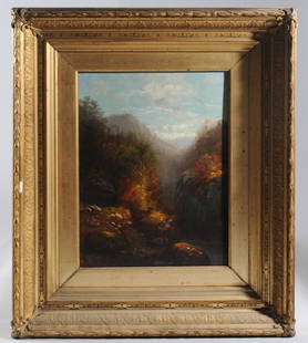 19th C. Oil on Canvas Landscape: Possibly by Hudson River School painter John Williamson (Scotland, New York, 1824-1886.) Landscape with autumn colors, misty purple mountains in the distance. Signed lower left: "W". Period gilt