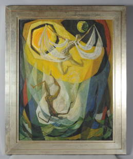 Benton Murdoch Spruance (1904 - 1967): Dynamic and richly colored mid 20th C. Modernist oil on canvas by Benton Spruance (1904 - 1967), apparently on the theme of Icarus, signed lower right "BS". Frame, approx. 43 3/4" x 35 1/2". Sight,