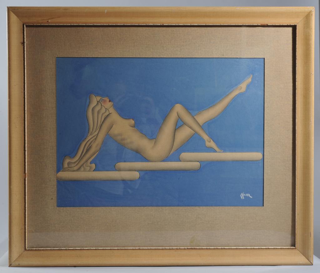 Gustav Kaitz (1913-1992) Art Deco Nude: Gouache and pencil on paper showing a reclining Art Deco style female nude against a saturated blue background. Signed lower right: Kaitz. Frame, approx. 26 3/4" x 23". Sight, approx. 18 1/4" x 13 1/4
