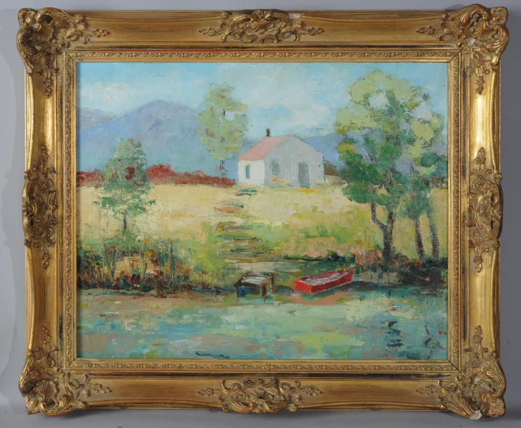 20th C. Oil on Board Landscape w/Water: Impasto painting showing a red row boat by a dock near a white dwelling with pink roof, and with mountains in the distance. Signed lower right, Selma (?) Johnson. Minor chips to painting's surface, lo