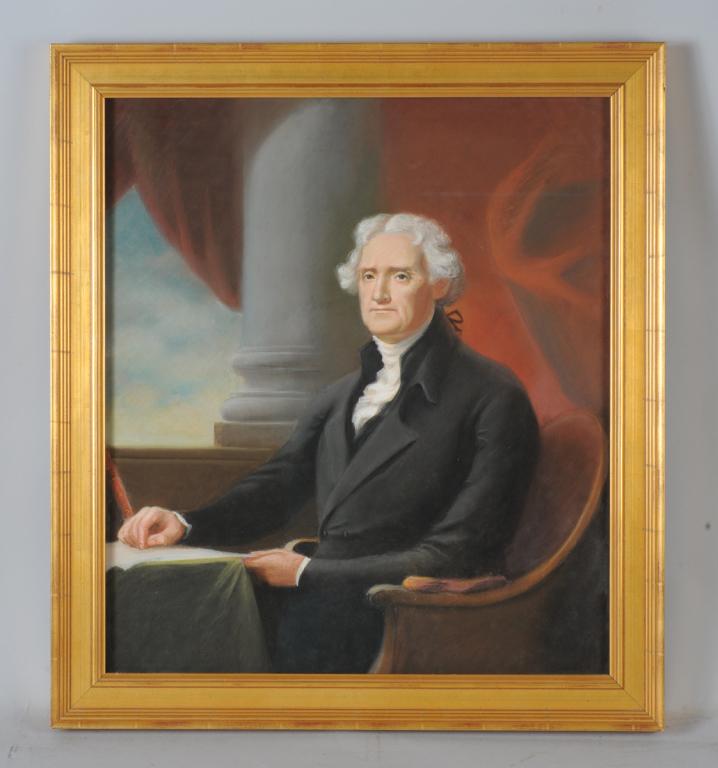 Pastel Portrait of Thomas Jefferson: Unsigned, framed, with gallery label to verso dated 1941 and identifying the artist as Henry McIntire.Visible image: approx. 22 3/4" x 20".Frame: approx. 27" x 24".