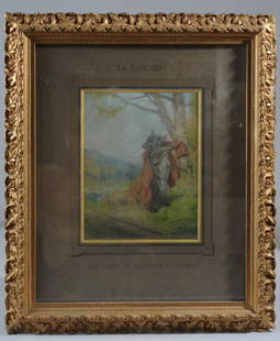 Philbert Leon Couturier (France, 1823 - 1901): Drawing in pastels and pencil illustrating a fable by Jean de La Fontaine, showing a wolf donning a red coat, sheep innocently gathered in the distance, and beneath the image on the mat the caption: "