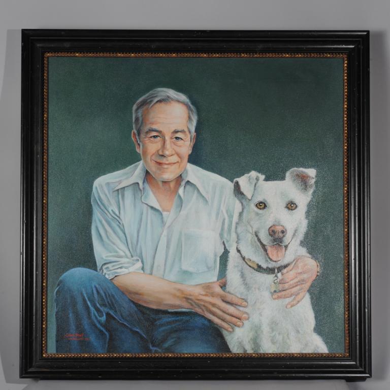 Louis Briel (1945-2021) Jack Larson & 'Dewey': Large acrylic on canvas portrait of actor, screenwriter, librettist and producer Jack Larson, shown accompanied by his dog, Dewey, by Richmond, Virginia artist Louis Briel. Actor, producer, librettist