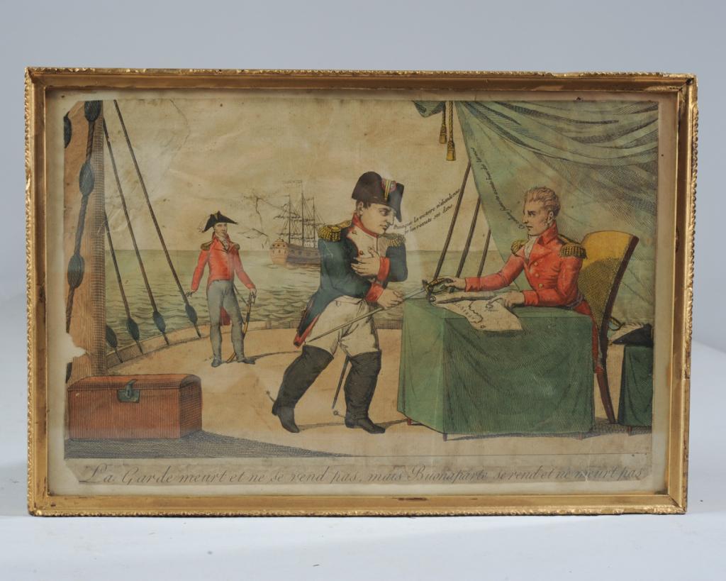 c1815 French Engraving / Caricature Napoleon: Scarce to rare hand colored engraving on paper captioned "La Garde meurt et ne se rend pas, mais Buonaparte se rend et ne meurt pas" (The Guard dies and does not surrender, but Buonaparte surrenders a