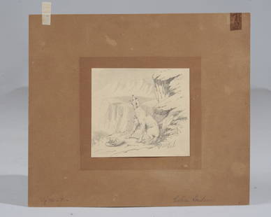 Edwin Landseer (1803 - 1873) Pencil Study of Dog: Pencil study of a dog howling next to a solitary hat on a mountain by Sir Edwin Henry Landseer (United Kingdom, 1803 - 1873), signed lower right, pasted to backing paper, as-found condition.Sheet size
