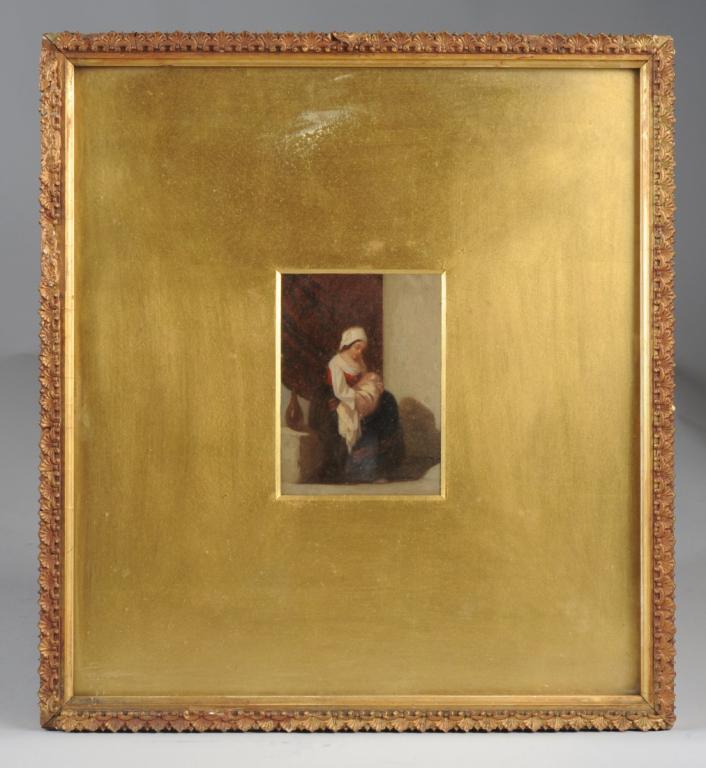 19th C. Continental School Oil on Artists Board: Small oil painting of a mother holding an infant. Unsigned, in period gilt gesso frame. Frame, approx. 16 1/2" x 15". Sight, approx. 5 1/4" x 4".