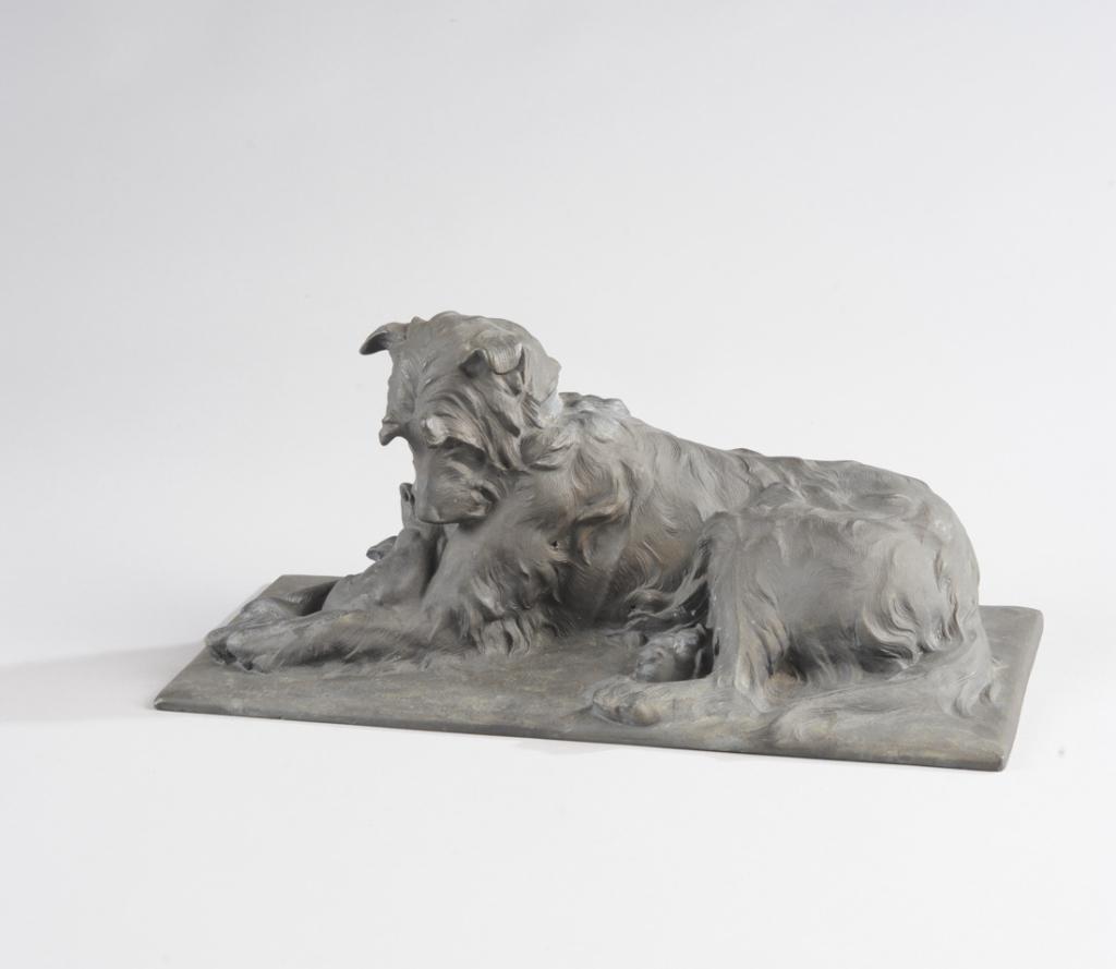 Figural Metal Reclining Dog with Cat (1 of 4)
