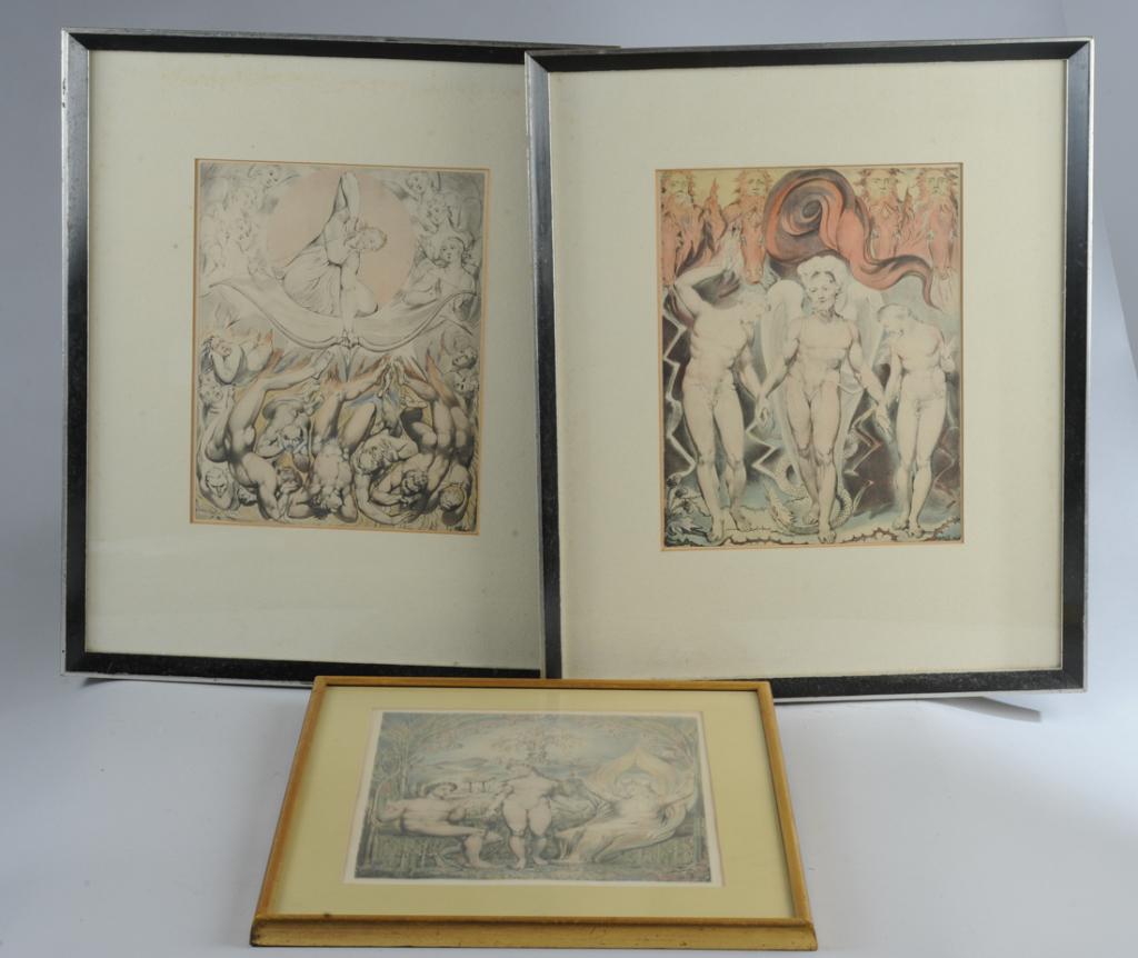 3 Framed William Blake Prints: Three framed vintage offset prints after William Blake's illustrations for John Milton's "Paradise Lost". Frames: 23 3/8" x 19 1/2", (two) and 19 3/8" x 16 1/4".
