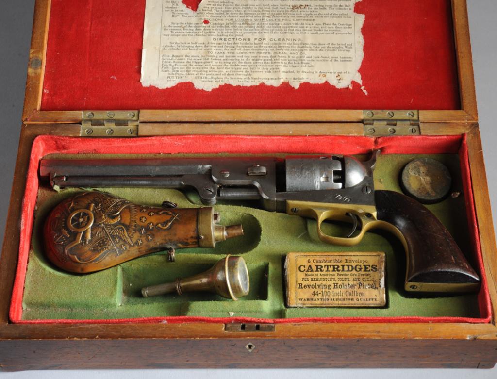 Cased 1861 Colt 1851 "Navy" Revolver & Accessories: Colt model 1851 "Navy" revolver, made 1850-1873, all matching numbers, with Naval battle engraved on cylinder and octagonal barrel, top of barrel with: "Address Col. Sam.l Colt, New York, US America".