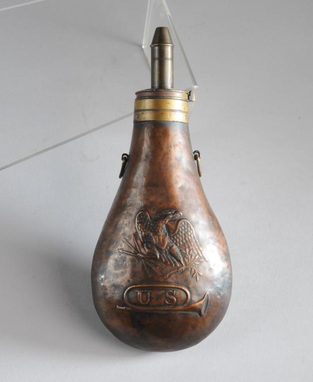 1833 Dingee U S Bugle Eagle Powder Flask: Copper body with relief eagle over U S within bugle on both sides. Lid stamped: R. DINGEE NEW YORK and 1833. Good patina, minor dings, no splits, lid with cap and working thumb piece, sides with trian