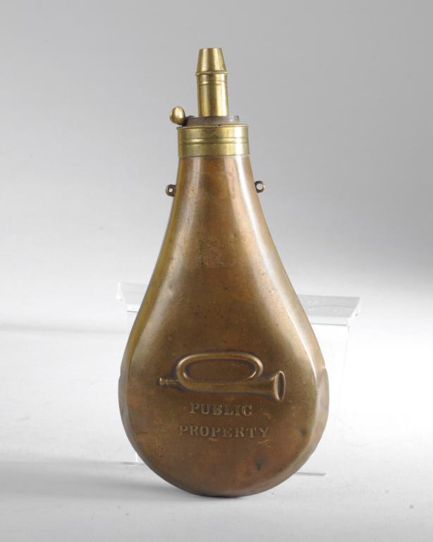 "Public Property" Powder Flask: Copper flask with brass top, repousse bugle on both sides and one side with "Public Property" below bugle. Stamped R. Dingee New York. Top lugs for carrying rings present, lower two lugs are missing, 