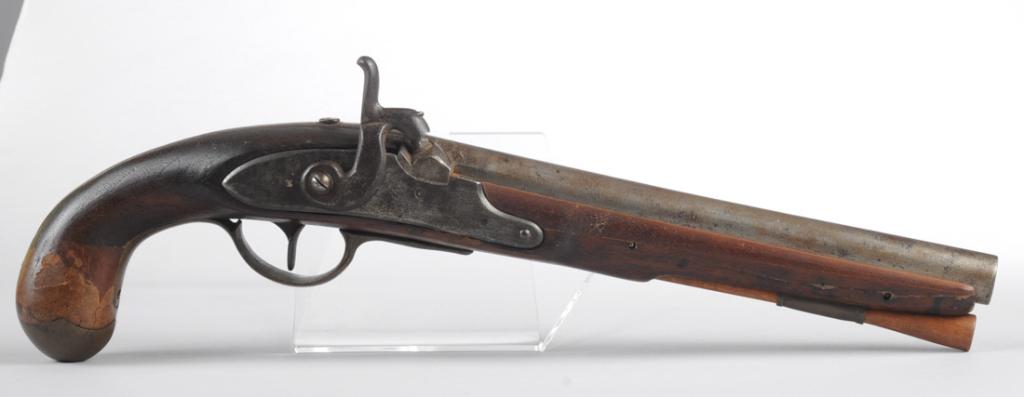 S. North Navy Flintlock Pistol Converted: Model 1808 Navy flintlock pistol converted to percussion. Made by Simeon North, Berlin Connecticut, 1808-1810. Total production 3000. 64 caliber. 10" barrel. Made without sights. Lockplate marked: U-S