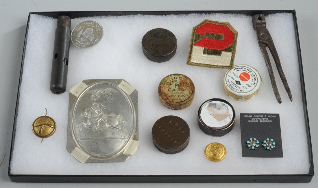 Mixed Grouping, Bullet Mold, Cap Boxes, etc.: Together in display box, all in as-found condition.Box: approx. 12 1/4" x 8 1/4". Provenance: The estate of Fred France.